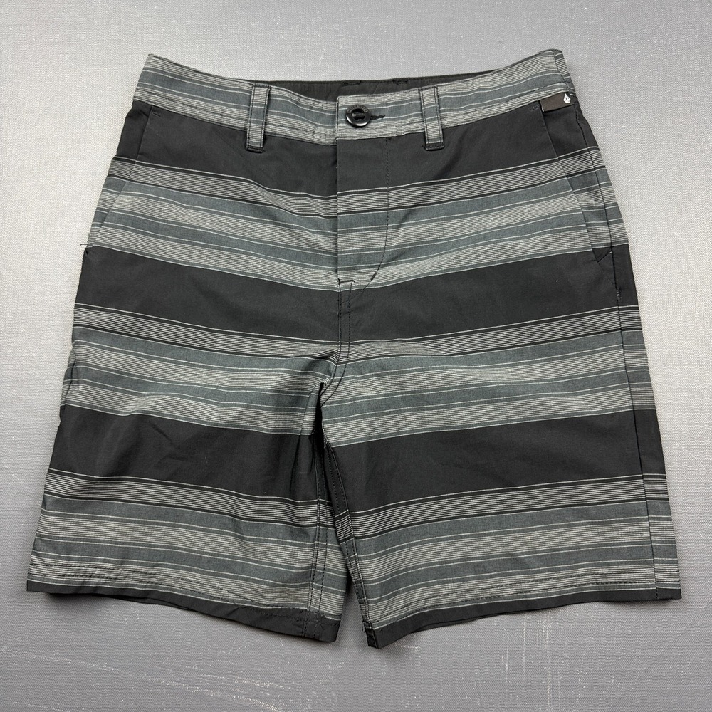 Volcom Board Shorts Boy's 27 Black Gray Striped Surf Swim Trunks Hybrid Beach